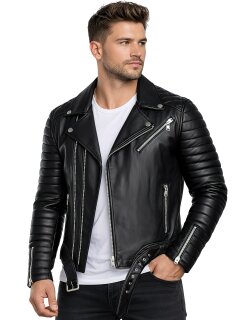 Reichstadt Herren Slim Fit Bikerjacke Silver Zipper  RS001LUX Black S