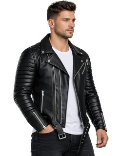Reichstadt Herren Slim Fit Bikerjacke Silver Zipper  RS001LUX Black L